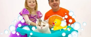 Настя и папа купают котёнка