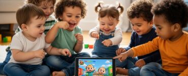 Children enjoying the Cocomelon train song on a tablet