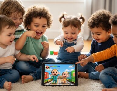 Children enjoying the Cocomelon train song on a tablet