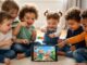 Children enjoying the Cocomelon train song on a tablet