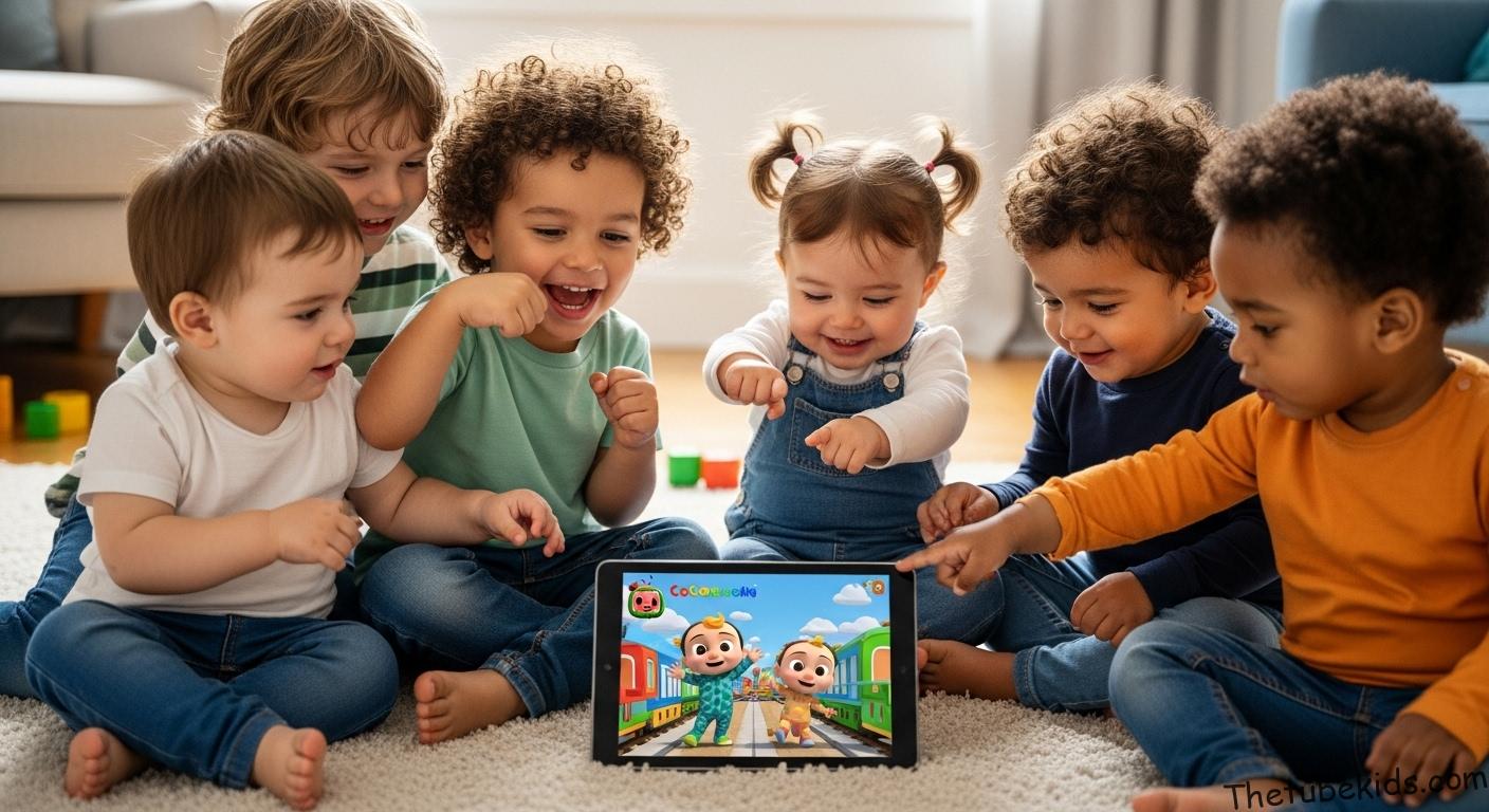 Children enjoying the Cocomelon train song on a tablet