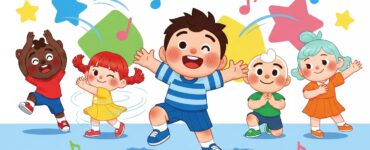 Kicking Off Fun: How CoComelon's Active Songs Inspire Young Football Fans 5 CoComelon characters dancing promoting active play and movement