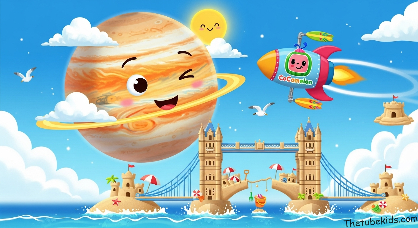 London Bridge is Falling Down (Beach Version) | A CoComelon Adventure! 3 A cheerful cartoon depiction of Jupiter with a big friendly face winking at the CoComelon rocket ship set to the theme of London Bridge is Falling Down Beach Version