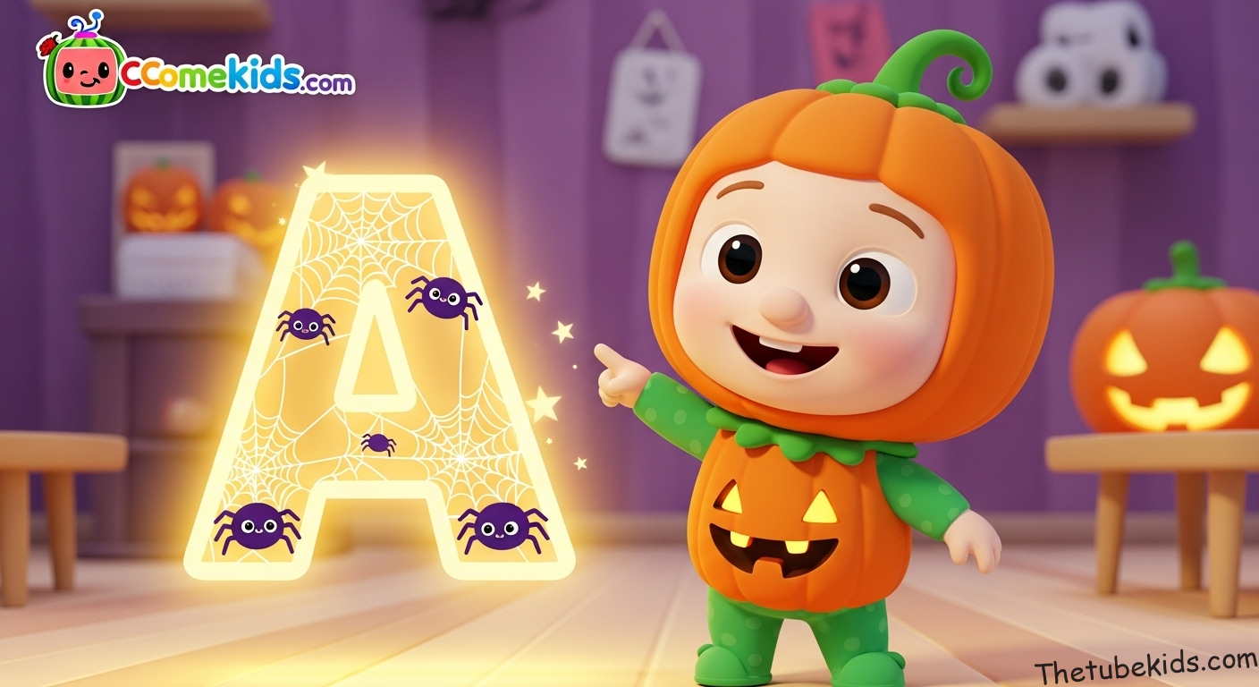 A cute CoComelon character like JJ dressed in a friendly pumpkin costume