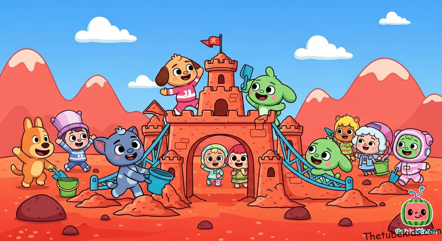 London Bridge is Falling Down (Beach Version) | A CoComelon Adventure! 2 A cute cartoon of the CoComelon animals building a sandcastle bridge on the red surface of Mars tying into the theme of London Bridge is Falling Down Beach Version