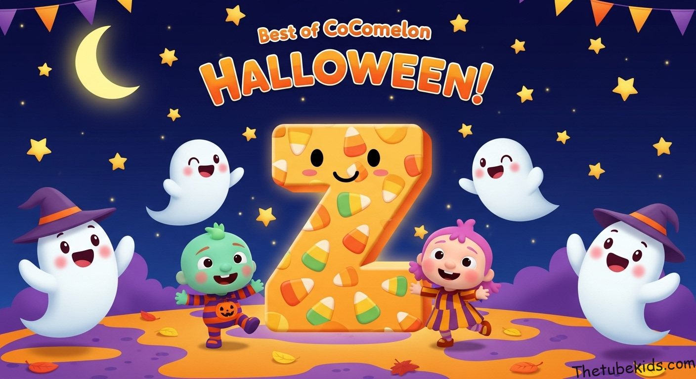 CoComelon characters like Cody and Cece happily dancing around a giant friendly letter Z covered in colorful candy corn